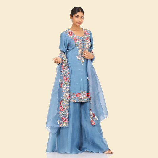 Indigo Blue Pearl Work Kurta Sharara Set