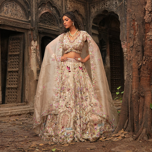 Gold Self Tissue Lehenga Set